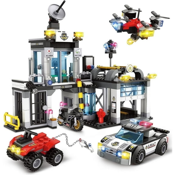 564 Pcs Building Toy Set, City Police Station Building Block Kit for Boys, Command Center with Police Car, Gift for Kids 6-12, Black