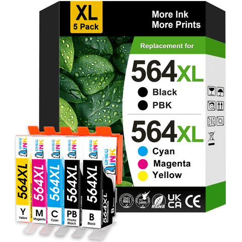 564XL Printer Ink Cartridges Compatible for HP 564 Ink Cartridges for Printers (Black, Photo Black, C, M, Y, 5 Pack)
