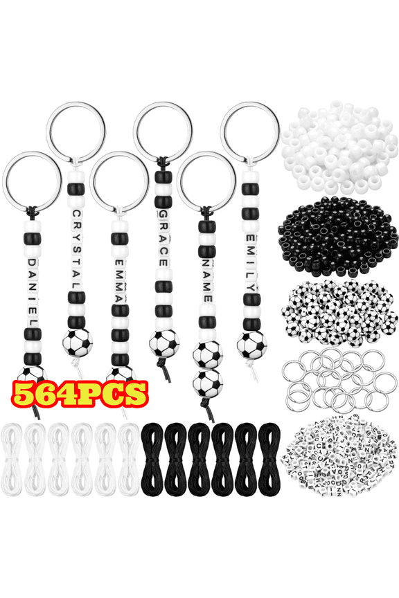 564pcs Soccer Keychain Making Kit, White & Black Plastic Beads with Soccer Beads, Letter Beads, String and Metal Key Rings for Soccer Party Favors