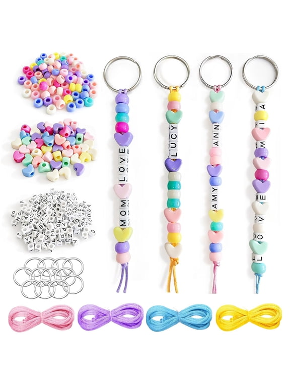 566 Pcs DIY Colorful Beaded Keychain Making Kit, Letter, Barrel, Heart Beads Craft Keyring with Metal Ring Clasp and Rope, for Decor Accessories