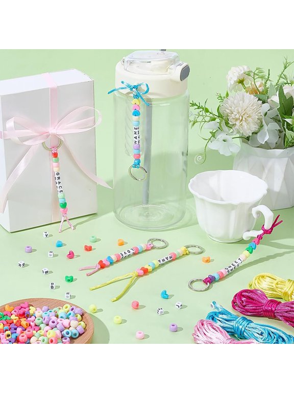 566 Pcs DIY Colorful Beaded Keychain Making Kit, Letter, Barrel, Heart Beads Craft Keyring with Metal Ring Clasp and Rope, for Decor Accessories
