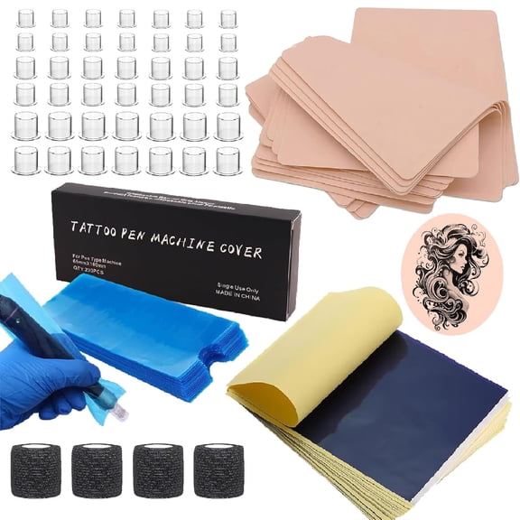 569Pcs Tattoo Skin Practice Kit - Professional Kits Include 15 Fake Skin 50 Tattoos Stencil Paper 200 Machine Pen Covers 300 Mixed Ink Caps 4 Grip Tapes Tattoo Gun Kit for Beginners & Artists