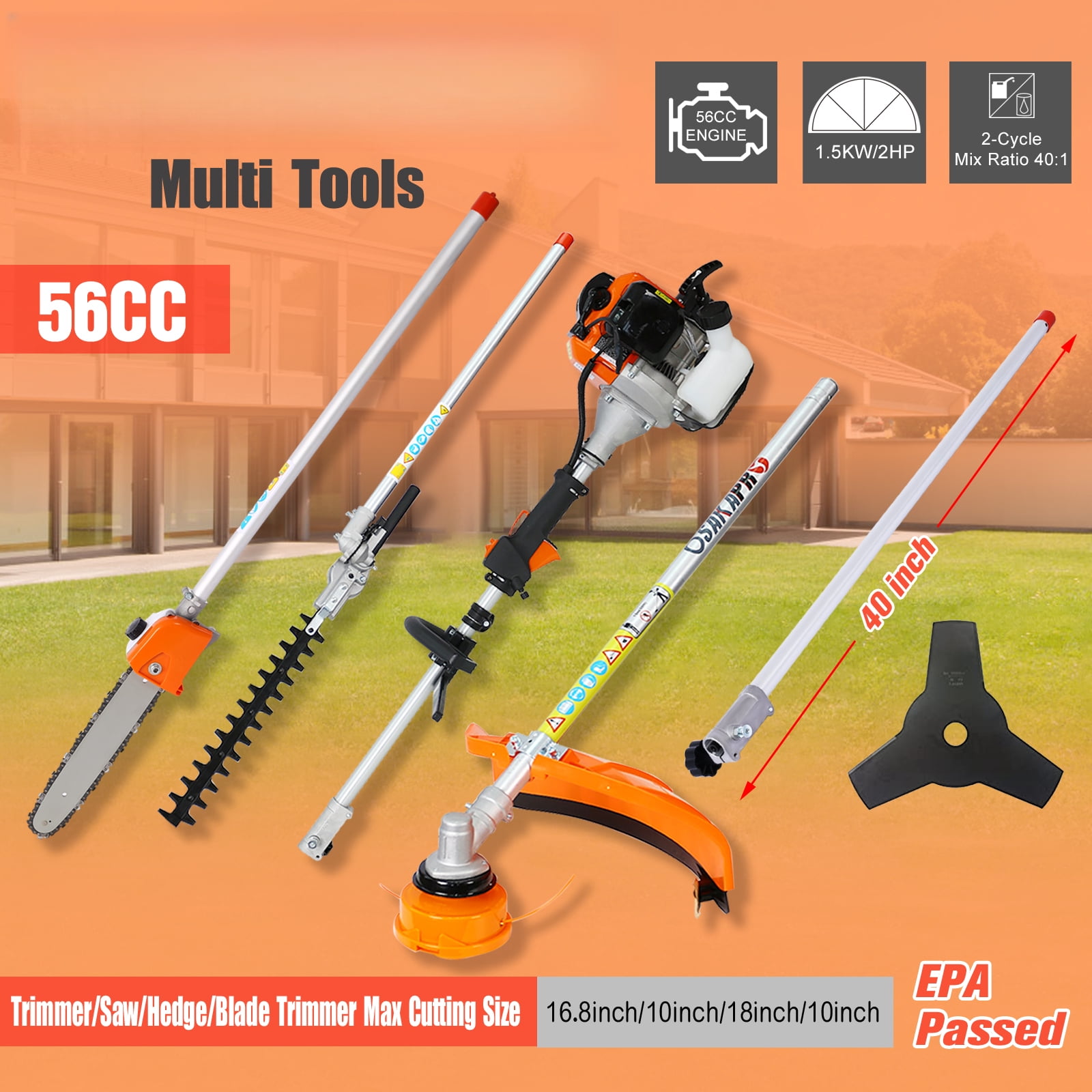 56CC 2 Stroke Gas Powered 5 in 1 Multi Attachment Garden Tool System with Pole Saw Hedge Trimmer String Weed Wacker Brush Cutter Professional Landscaping Attachment Kit for Yard Maintenance
