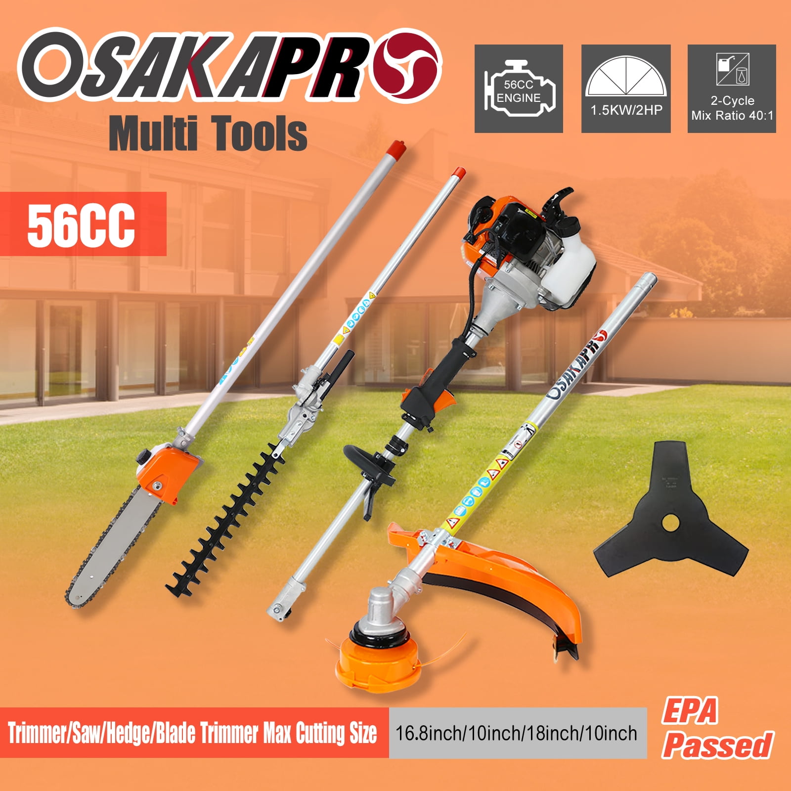 56CC Gas Powered Weed Eater, Sesslife 4-in-1 Grass Trimmer with Gas Pole Saw, Hedge Trimmer, Grass Trimmer, Brush Cutter, 2-Cycle Full Crankshaft Grass Edger Lawn Mower for Yard Garden, Orange