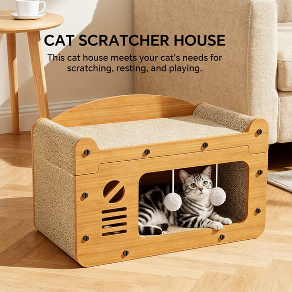 56CM TV-Shaped Cat Scratcher House, 3-in-1 Scratching Bed & Play Area, Thickened Corrugated Paper, Anti-Tipping Design, with Hanging Pom-Pom Toys