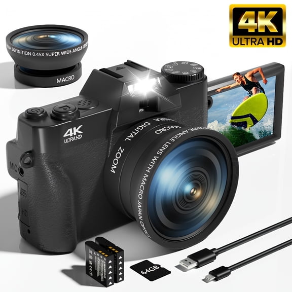 56MP 4K Digital Camera with 16x Zoom & WiFi, 3" Flip Screen, Wide-Angle/Macro Lens, 64GB Card, 2 Batteries, for Vlog Photography Webcam Gift
