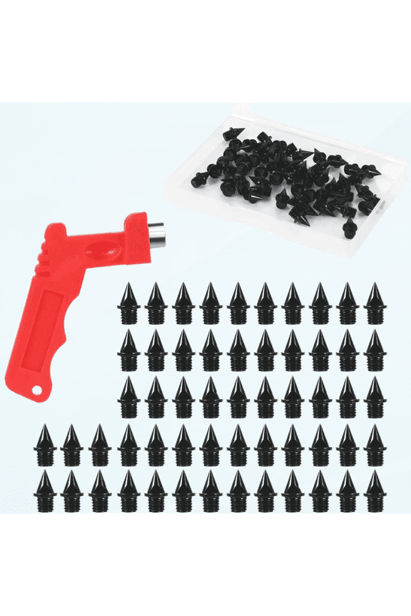 56PCS 1/4inch Carbon Steel Track Spikes, Lighter Weight Replacement with Spike Wrench Tool Pyramid Shoe Spikes Running Spikes for Sports Shoes High Jumping Sprint Hiking Cross Country (Black)