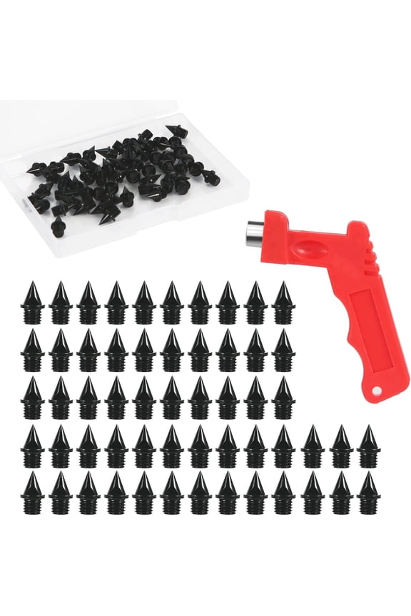56PCS 1/4inch Carbon Steel Track Spikes, Lighter Weight Replacement with Spike Wrench Tool Pyramid Shoe Spikes Running Spikes for Sports Shoes High Jumping Sprint Hiking Cross Country (Black)