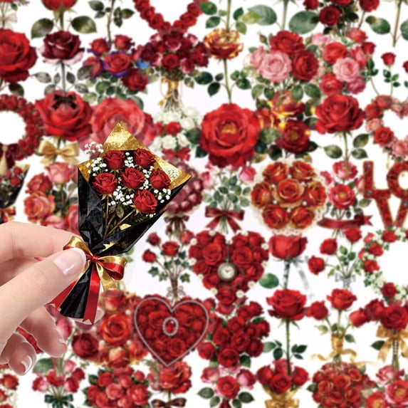 56PCS Red Rose Scrapbook Stickers, Waterproof Tiny Aesthetic Self-Adhesive Vintage Scrapbooking Stickers for Junk Journal Supplies