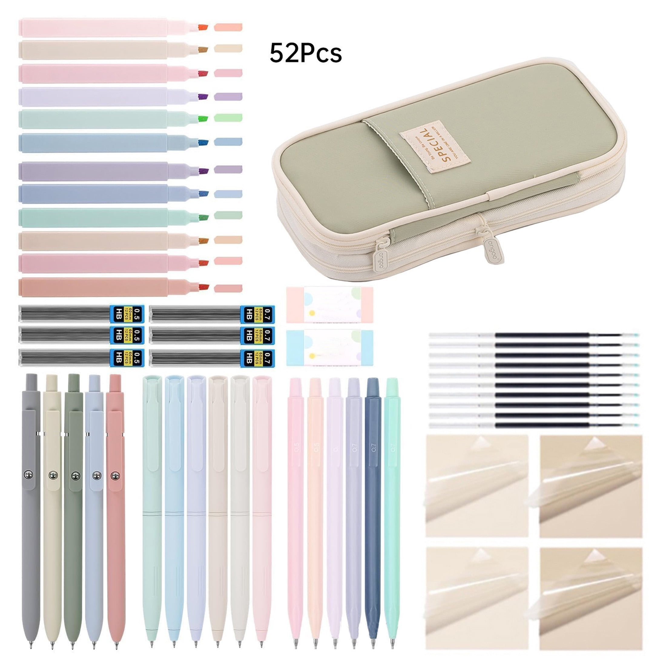 56PCS Stationery Set with Pen Case, Mechanical Pencil Set, Highlighters, Gel Pens Sticky Notes & Refills, Aesthetic Stationery Set for Students, College & Back to School, Green