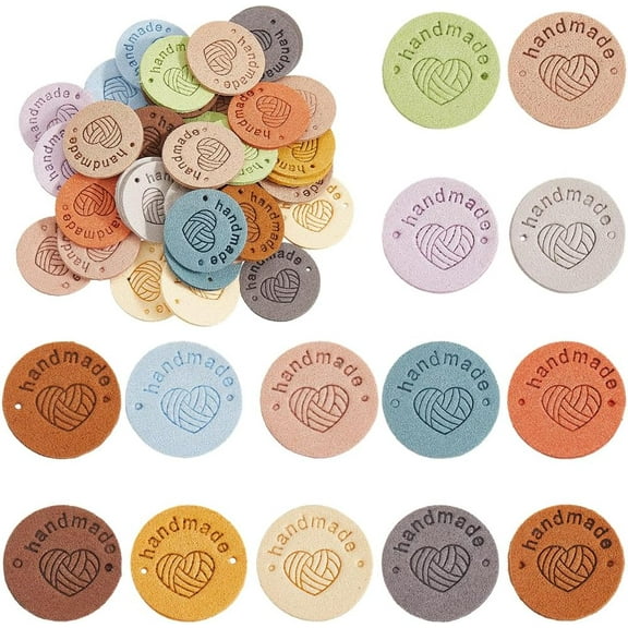 56Pcs 14 Colors Round PU Leather Labels Heart Shape Handmade Embossed Microfiber Leather Crochet Tags with Hole DIY