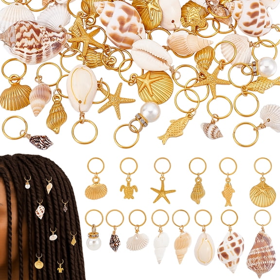 56Pcs 14 Style Alloy & Shell Dreadlocks Decorative with Iron Jump Rings Golden 28~50mm 4pcs/style