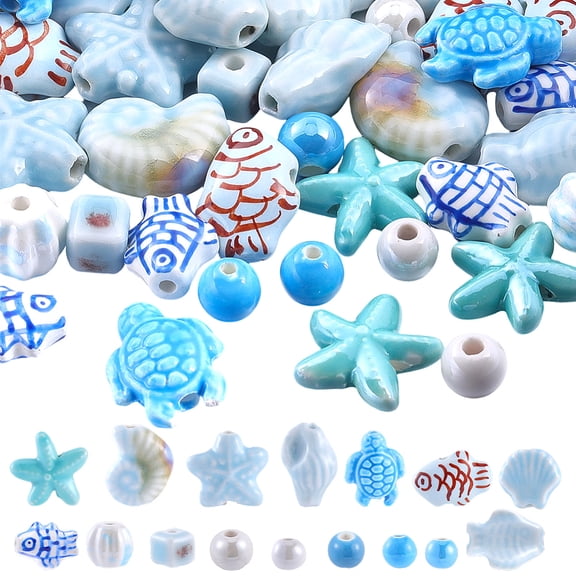 56Pcs 14 Styles Glazed Porcelain Beads Glossy Ceramic Beads Light Sky Blue 8~19.5mm Hole: 1.5~2.5mm 4pcs/style