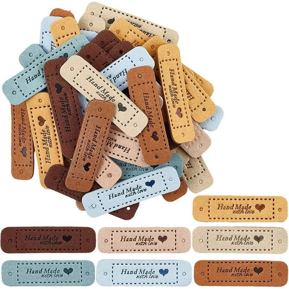 56Pcs 2.2 x 0.6 Inch Handmade with Love PU Leather Labels 7 Colors Heart Embossed Rectangle Microfiber Leather Tags for DIY Jeans Bags Shoes Crafts Sewing Crochet Knitting Hats colorful