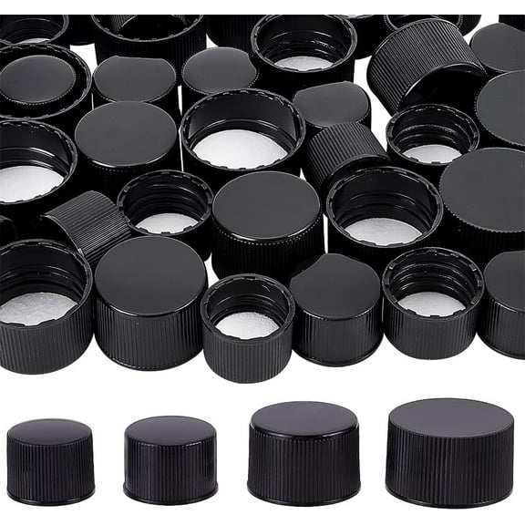 56Pcs 4 Style Plastic Screw-On Caps Bottle Jug Storage Cap Lids Flat Round Black 20~30.5x15~17mm Inner Diameter: 18~28mm 14pcs/style