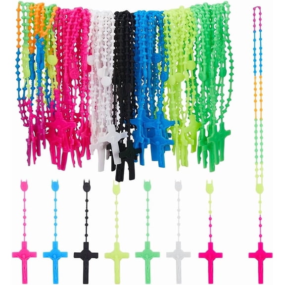 56Pcs 7 Colors Necklaces Bulk Plastic Rosary Beads Necklace Luminous Necklace Glow in The Dark Y Necklace Prayer Jewelry for Women Men Ladies for DIY