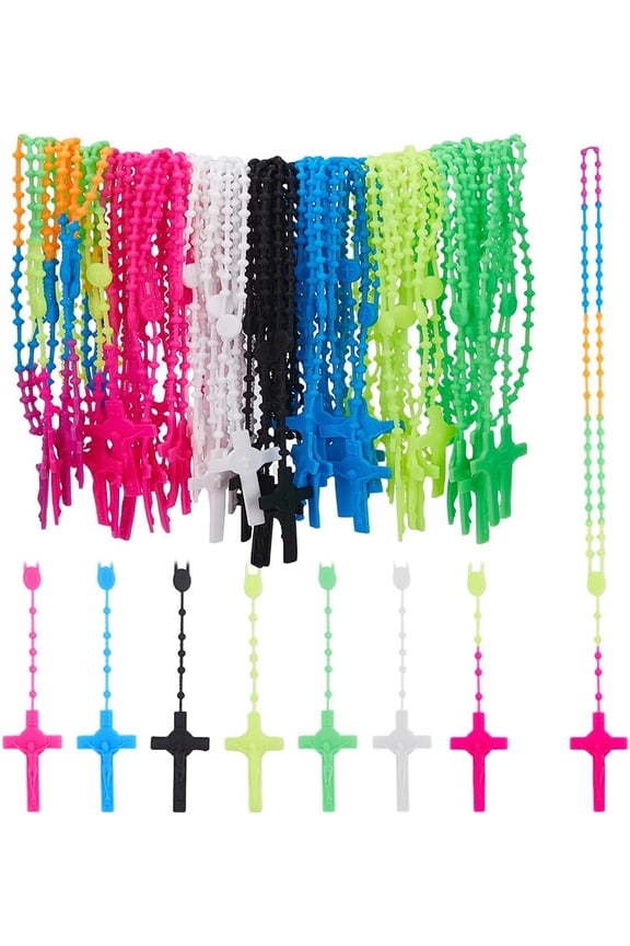56Pcs 7 Colors Necklaces Bulk Plastic Rosary Beads Necklace Luminous Necklace Glow in The Dark Y Necklace Prayer Jewelry for Women Men Ladies