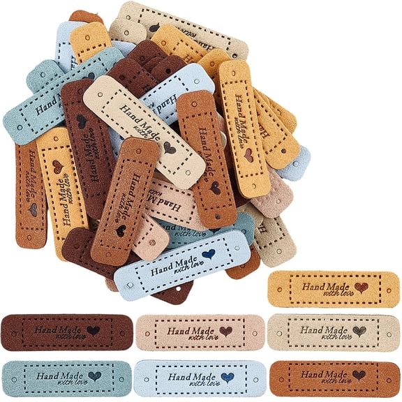 56Pcs 7 Colors PU Leather Label Tags Handmade Embossed Tag with Holes for DIY Jeans Bags Shoes Hat Accessories Rectangle with Word Handmade