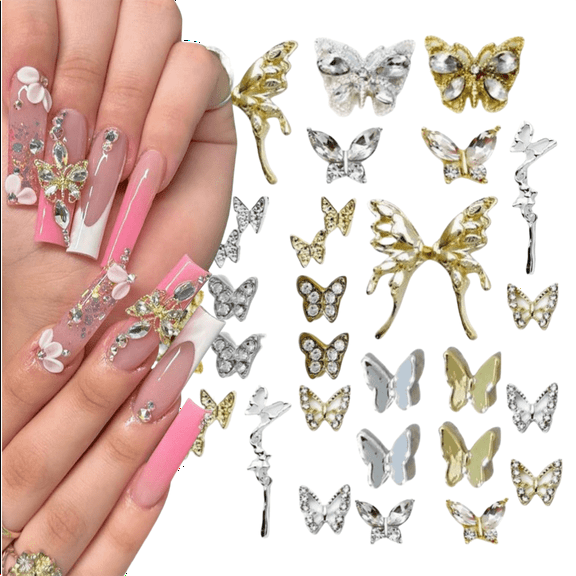 56Pcs Butterfly Nail Charms，Jademall Crystals Diamonds Rhinestones, Metal 3D Alloy Light Golden Silver Butterflies Charms Shiny Gems Nails Art Decoration Supplies Accessories for Nails DIY