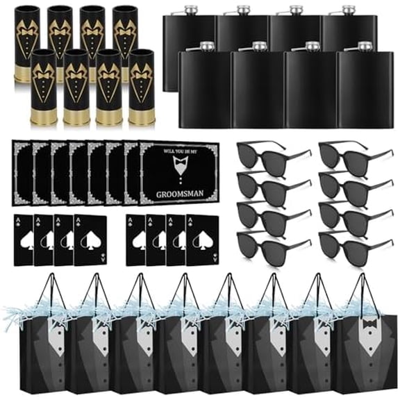 56Pcs Groomsmens Gifts Set of 8, Groomsmen Proposal Gift with Stainless Steel Flask Shot Glasses Poker Card Opener Sunglasses Thoughtful Cards Gift Bag with Crinkle Paper for Bachelor Wedding Party