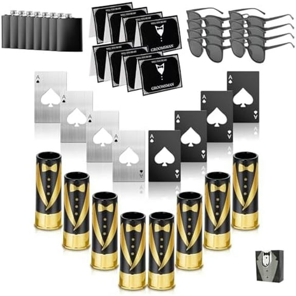 56Pcs Groomsmens Proposal Gifts, Stainless Steel Flask Shot Glass Poker Card Bottle Opener Proposal card Sunglasses Thoughtful Cards Gift Bag with Crinkle Paper for Bachelor Groomsmen Wedding Party