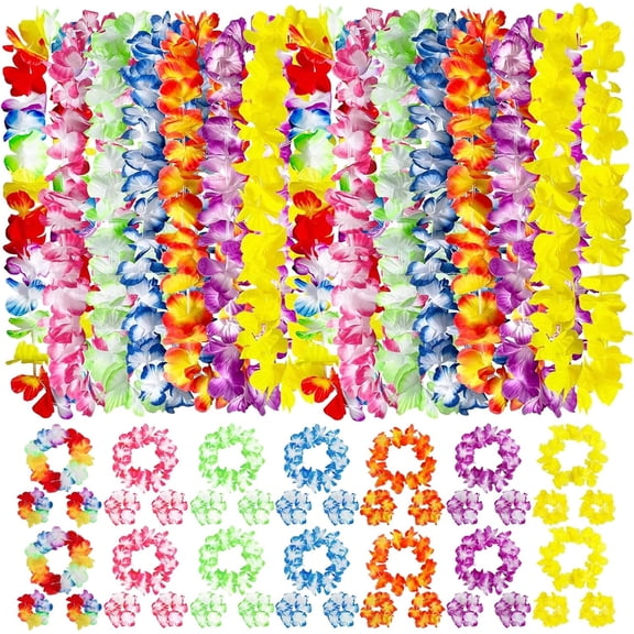56PCS Hawaiian Leis Set, Tropical Flowers Necklaces Headbands and Wristbands for Birthday Hawaii Luau Party Beach Pool Party Decorations Favors Supplies