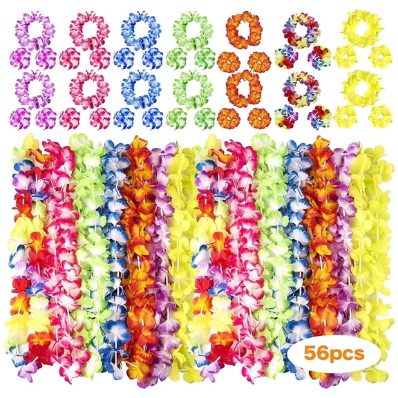 56PCS Hawaiian Leis Set, Tropical Flowers Necklaces Headbands and Wristbands for Birthday Hawaii Luau Party Beach Pool Party Decorations Favors Supplies