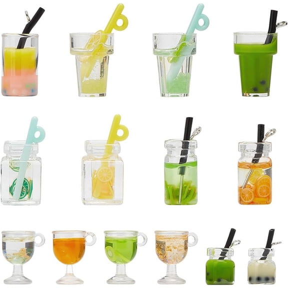 56Pcs Mini Colorful Mixed Tea Pendants 14 styles Tea Cup Charms for Jewelry Making Cute Resin Fruit Juice Tea Bottle Charms for Necklace