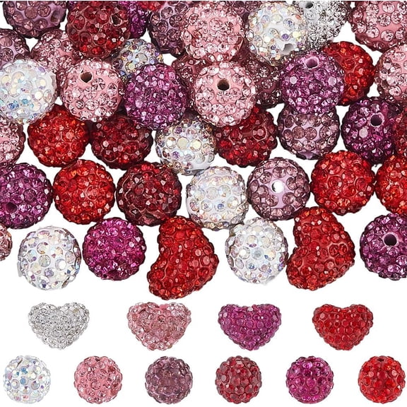 56Pcs Valentine's Day Themed Polymer Clay Pave Good Quality Rhinestone Beads Heart Round Mixed Color 10x13x9mm Hole: 1.2mm 4 colors diy