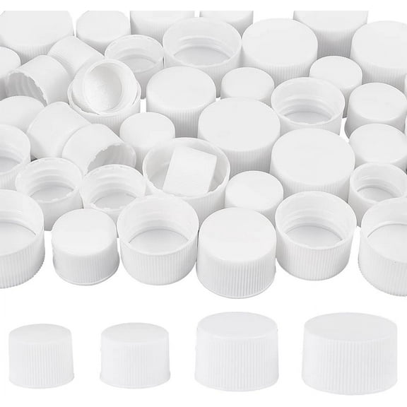 56Pcs White Plastic Screw Caps with Foam Liner 4 Style 18mm/24mm/28mm Flat Round Bottle Jug Storage Cap Lids for Jars and Bottles with Threads