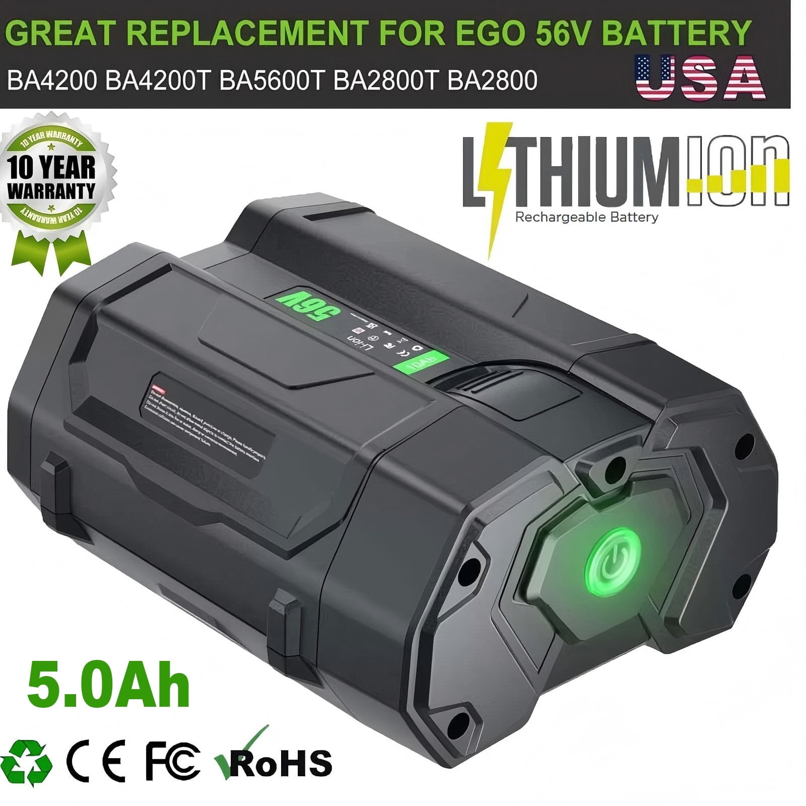 56V 5.0Ah Replacement for EGO Battery BA2800 BA5600T BA4200T BA4200 BA1400 Compatible with EGO 56V Power Tools Lawn Mower Leaf Blower Chainsaw