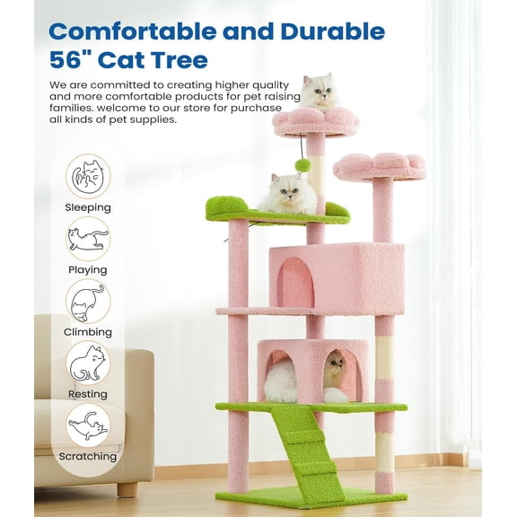 56in Multi-Level Tree Tower with Perches Condos and Scratching Posts for Indoor Kittens