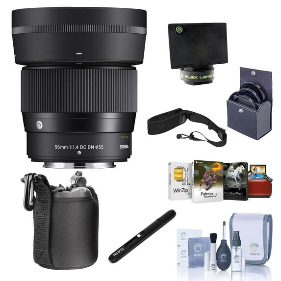 Sigma 56mm f/1.4 DC DN Contemporary Lens for Fujifilm X, Bundle with 55mm Filter Kit, Flex Lens Shade, Lens Pouch, Lens Cleaner, Cleaning Kit, Mac Software Kit, NS-3 Sling Strap