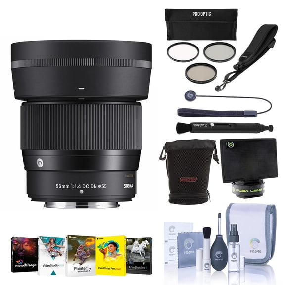 Sigma 56mm f/1.4 DC DN Contemporary Lens for Fujifilm X, Bundle with 55mm Filter Kit, Flex Lens Shade, Lens Pouch, Lens Cleaner, Cleaning Kit, PC Software Kit, NS-3 Sling Strap