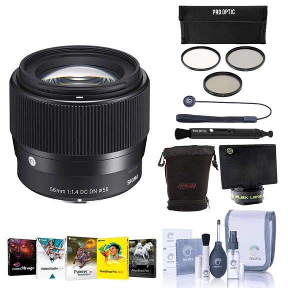 Sigma 56mm f/1.4 DC DN Contemporary Lens for Sony E, Bundle with Filter Kit, Cleaning Kit, PC Software Kit, Lens Cap Tether, Lens Cleaner, Flex Lens Shade, Pouch