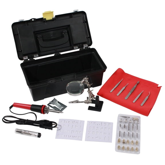 56pc Wood Burning Pen Hobby Set with Stencils Assorted Brass Tips and Tweezers