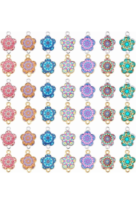 56pcs 14 Colors Flower Charms Connector Charms Double Hole Links Vintage Style Enamel Flower Charms with Loop Jewellery Links for Bracelet Necklace Making DIY Crafts 0.5x0.8 inch Mixed Color