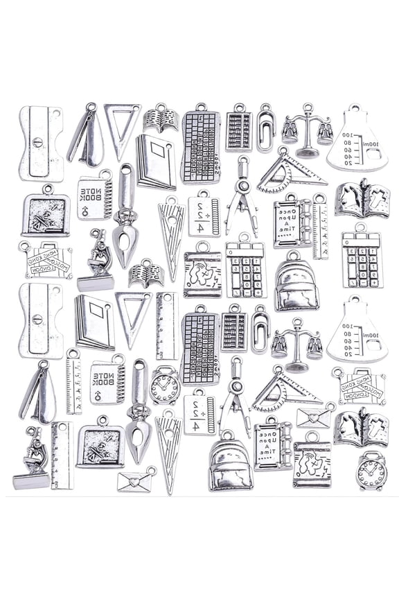 56pcs Antique Silver Mixed Styles School Theme Charms Tibetan Alloy Teacher Pendants Ruler Pen Books Calculator Compass Charms for DIY Bracelet Necklace Crafts Jewelry Making