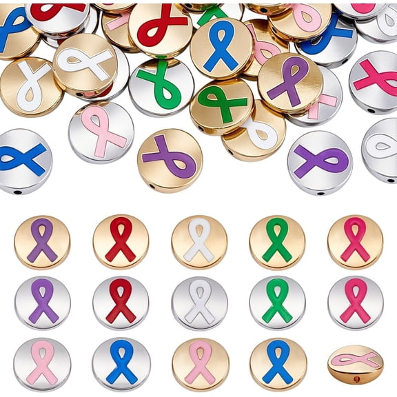 56pcs Breast Cancer Awareness Beads 14mm Flat Round Alloy Beads Enamel Ribbon Bead Loose Spacer Bead for DIY Jewelry Bracelets Necklaces Earrings Making Crafting Golden/Platinum