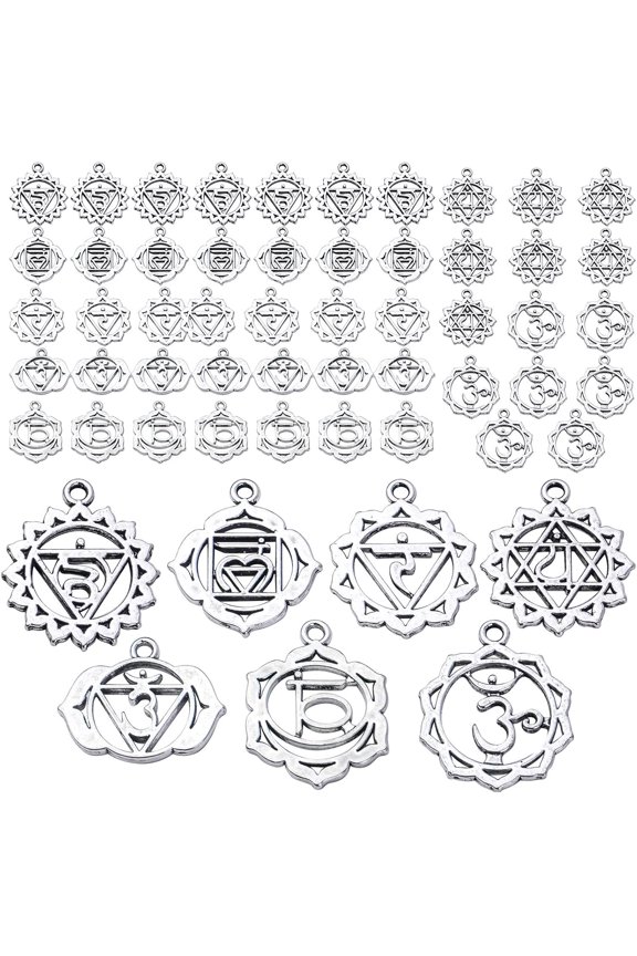 56pcs Chakra Charms Alloy Yoga OM OHM Flower Pendants Charms Jewelry Findings Accessory for DIY Necklace Bracelet Earrings Craft Supplies,7 Styles , Antique Silver
