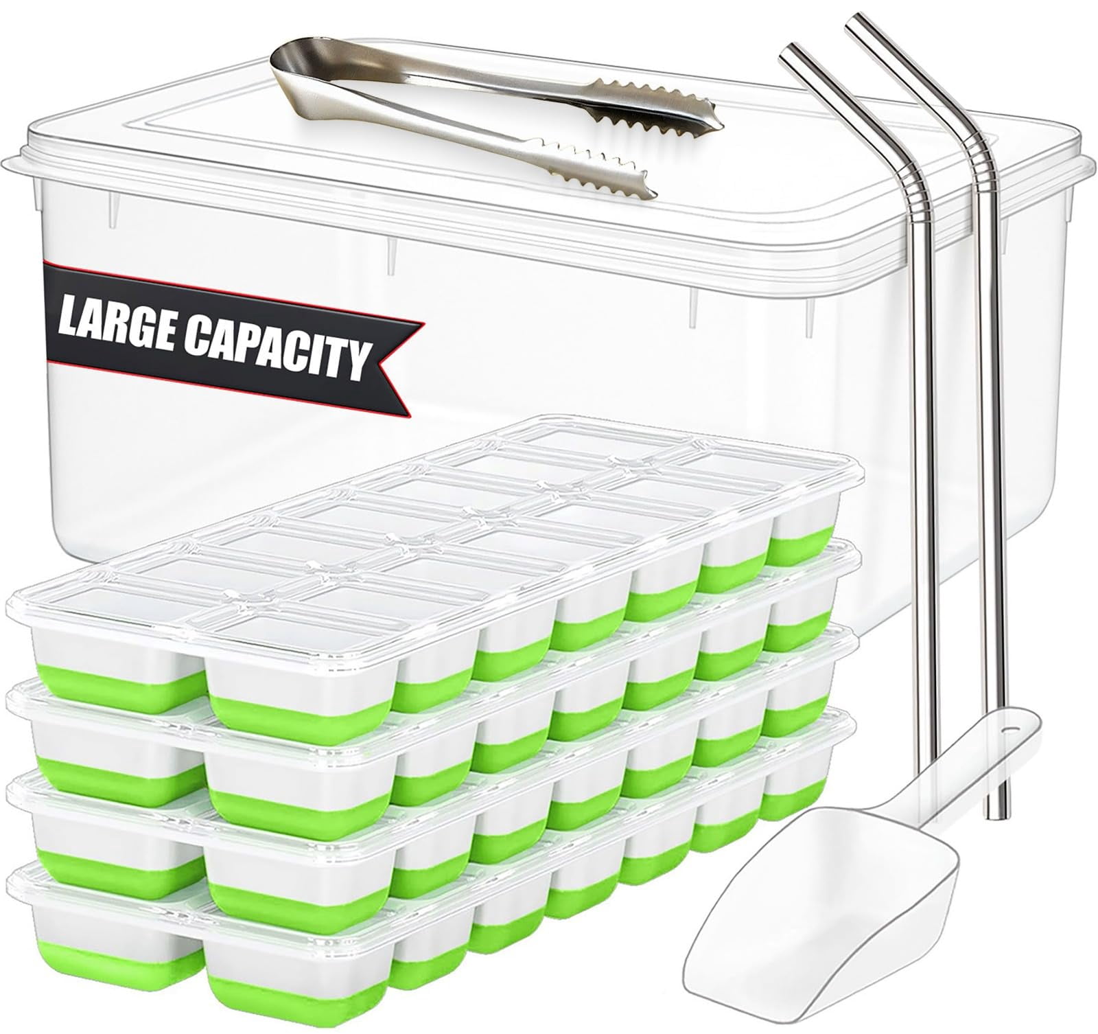 56pcs Ice Cube Tray With Lid And Bin - Stackable 4 Trays Silicone Plastic Freezer Mold  Large Bucket Scoop Tong & 2 Ss Straws Easy Release Maker For Cocktail Coffee Rv