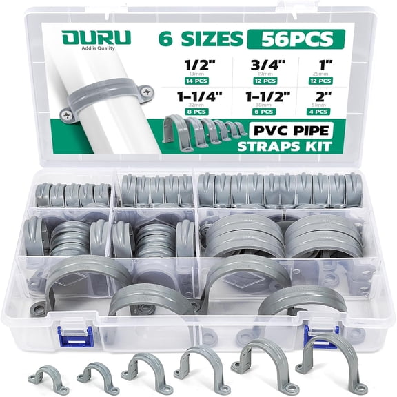 56pcs PVC Pipe Straps Assortment Kit, 6 Size 2-Hole Plastic Clamp, Conduit Clamp for Reinforcing Pipes, Conduits and Tubes
