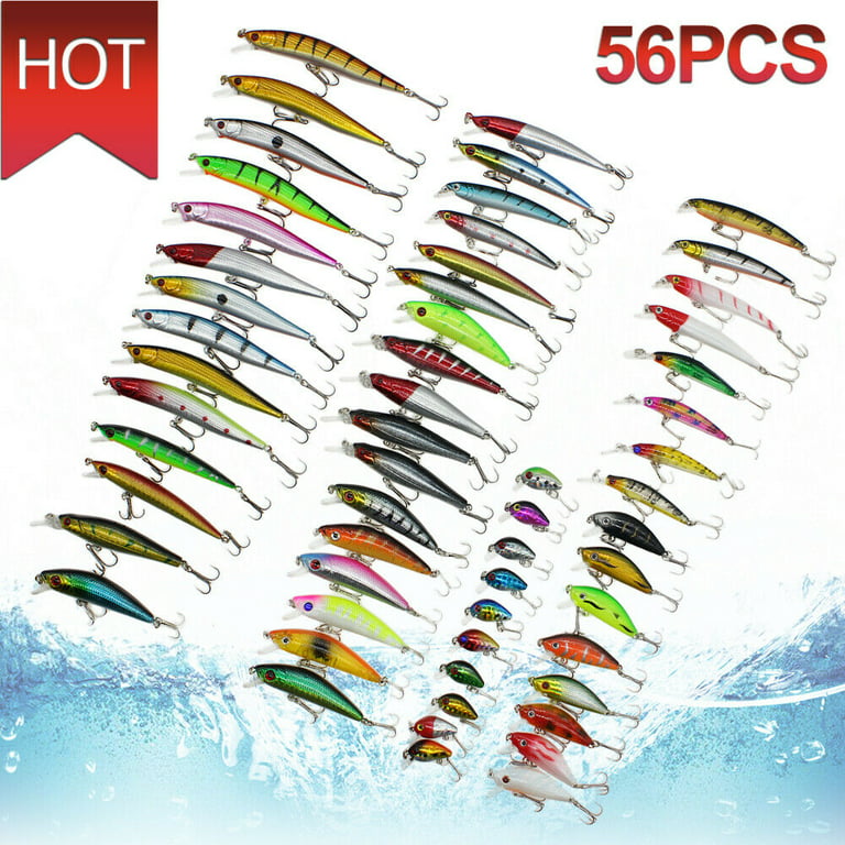 56pcs Strong Colorful Mixed Minnow Fishing Lures Kit Bass Baits