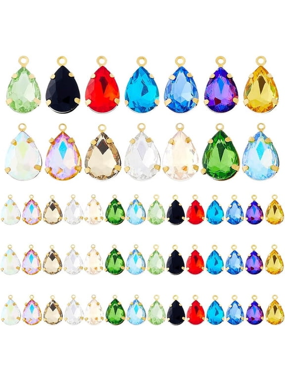 56pcs Teardrop Charms 14 Colors Glass Charms Faceted Water Drop Charm Mini Glass Birthstone Charm Faceted Teardrop Pendant for Jewelry Making Hole: 1mm Golden