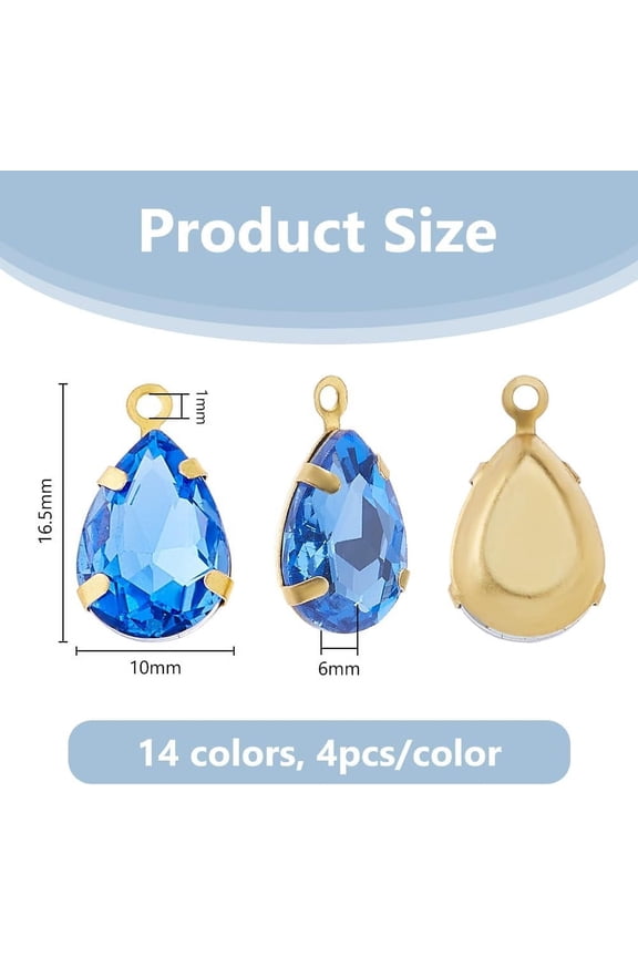 56pcs Teardrop Charms 14 Colors Glass Charms Faceted Water Drop Charm Mini Glass Birthstone Charm Faceted Teardrop Pendant for Jewelry Making Hole: 1mm