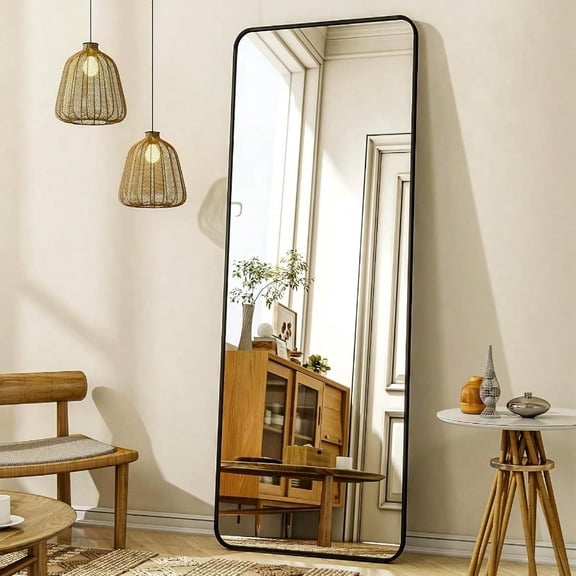 56x21 Floor Full Length Mirror Standing Full Body Rounded Corner Rec Mirrors with Stand Hanging Wall Mounted Leaning Bedroom Living Room Bedroom CloakroomBlack