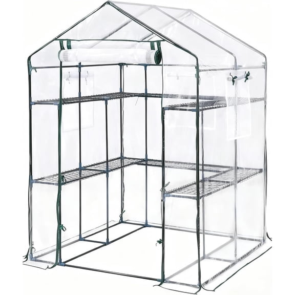 56x56x77 Inch Walk-in Greenhouse with 3-Tier 12 Shelves, Rust-Resistant Powder-Coated Steel Frame, Waterproof PE Cover with UV Protection, Roll-Up Door & Mesh Windows for Balcony Patio Deck Gardening