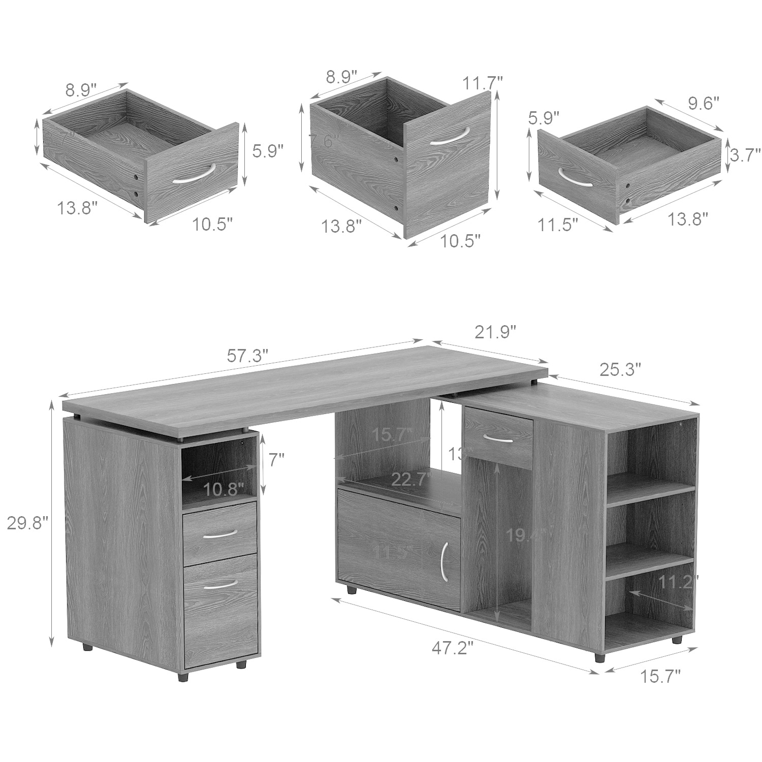 57.3"W Reversible LShape Desk Multifunctional Storage Table White