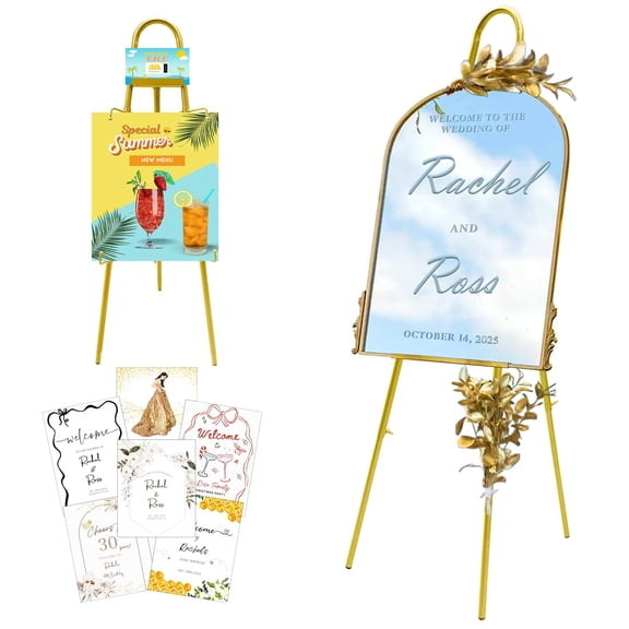 57"- 42" Height Adjustable Gold Easel Stand for Lockable at Any Height - 4 Hooks, 3 Display Modes, Easel with Design Templates - Ideal for Wedding Welcome Sign, Parties, Art & Retail Display A101