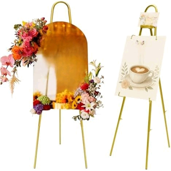 57"42" Height Adjustable Gold Easel Stand for Signs, 4 Display Modes, Stable at Any Position with 4 Hooks  Perfect  Sign Stand, Heavy Duty Easel Stand for Wedding Sign,Parties, Art & Events